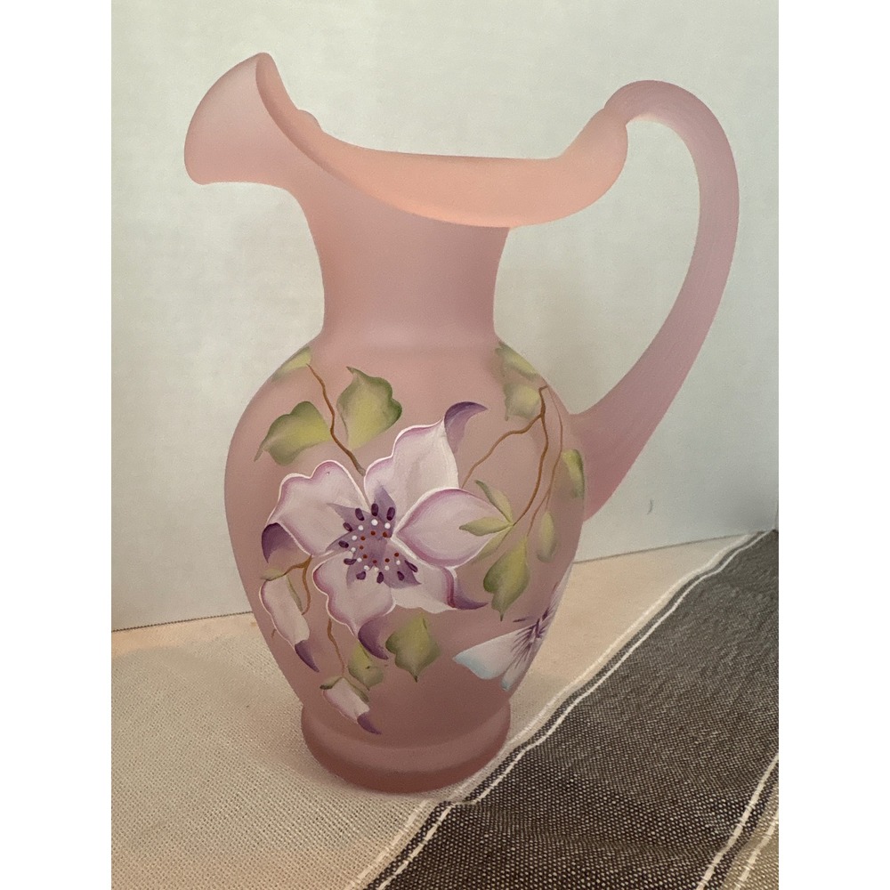 Fenton Pink‎ Satin Glass Pitcher Hand Painted Floral Signed Shelley Fenton USA